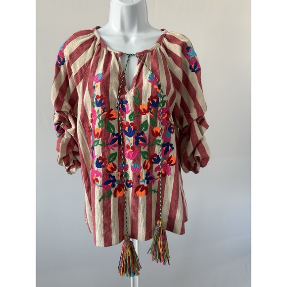 See And Be Seen Tops - See And Be Seen Linen Bl Red Stripe Floral Embroidered Boho Top, Sz: Small (B51)